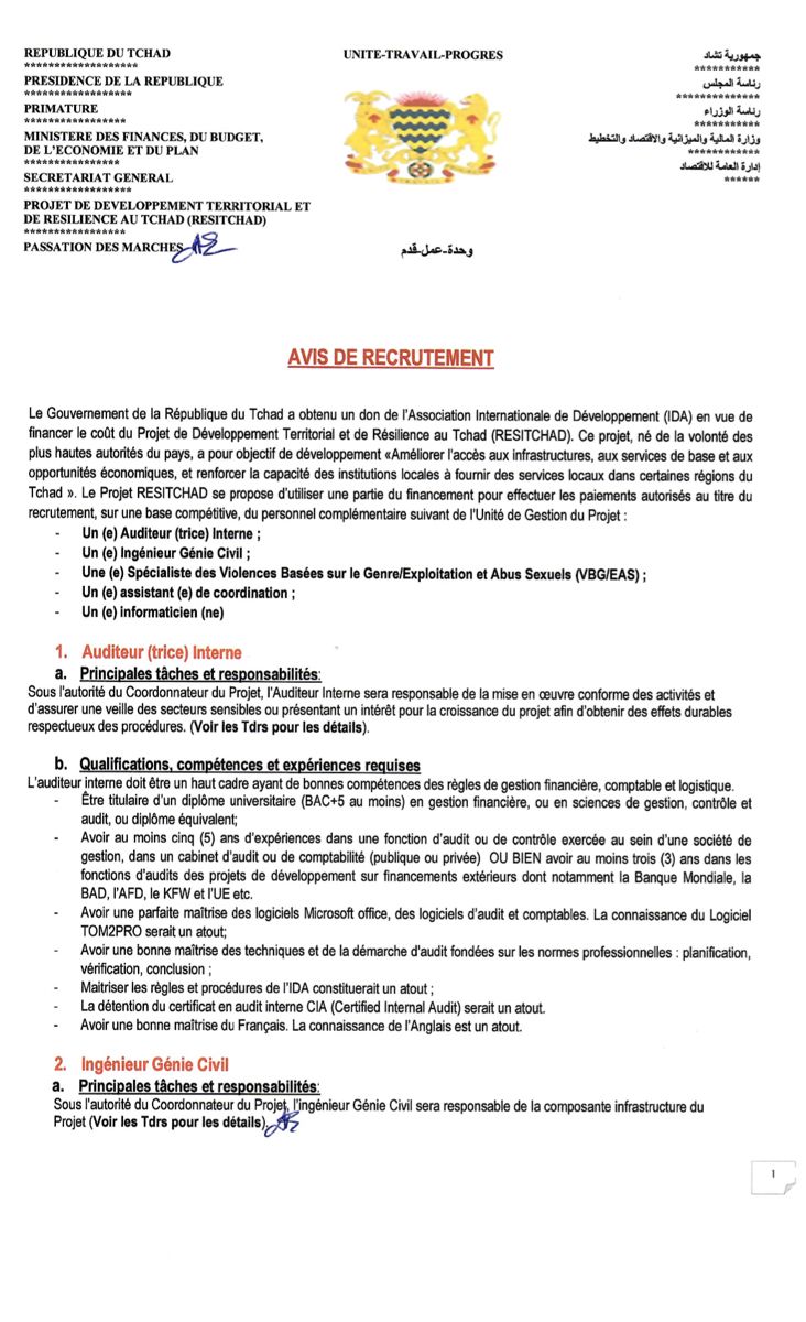 Tchad : le projet RESITCHAD lance un avis de recrutement de personnel