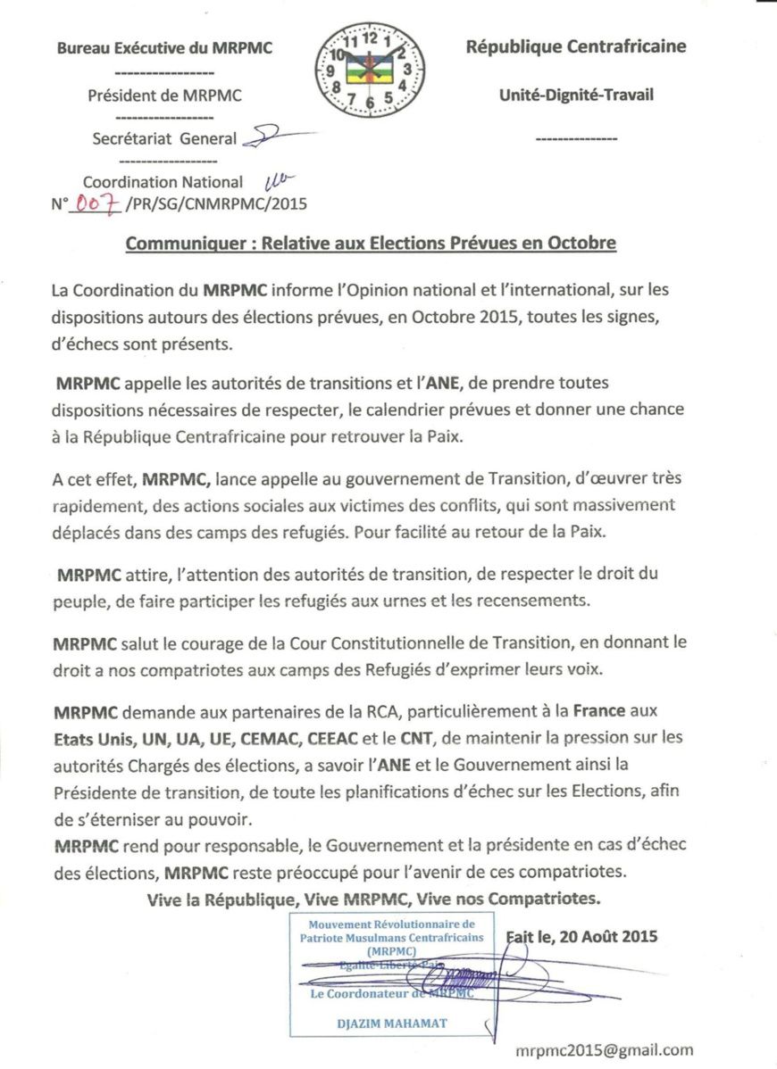 Centrafrique: Le MRPMC appelle le gouvernement à oeuvrer dans le social