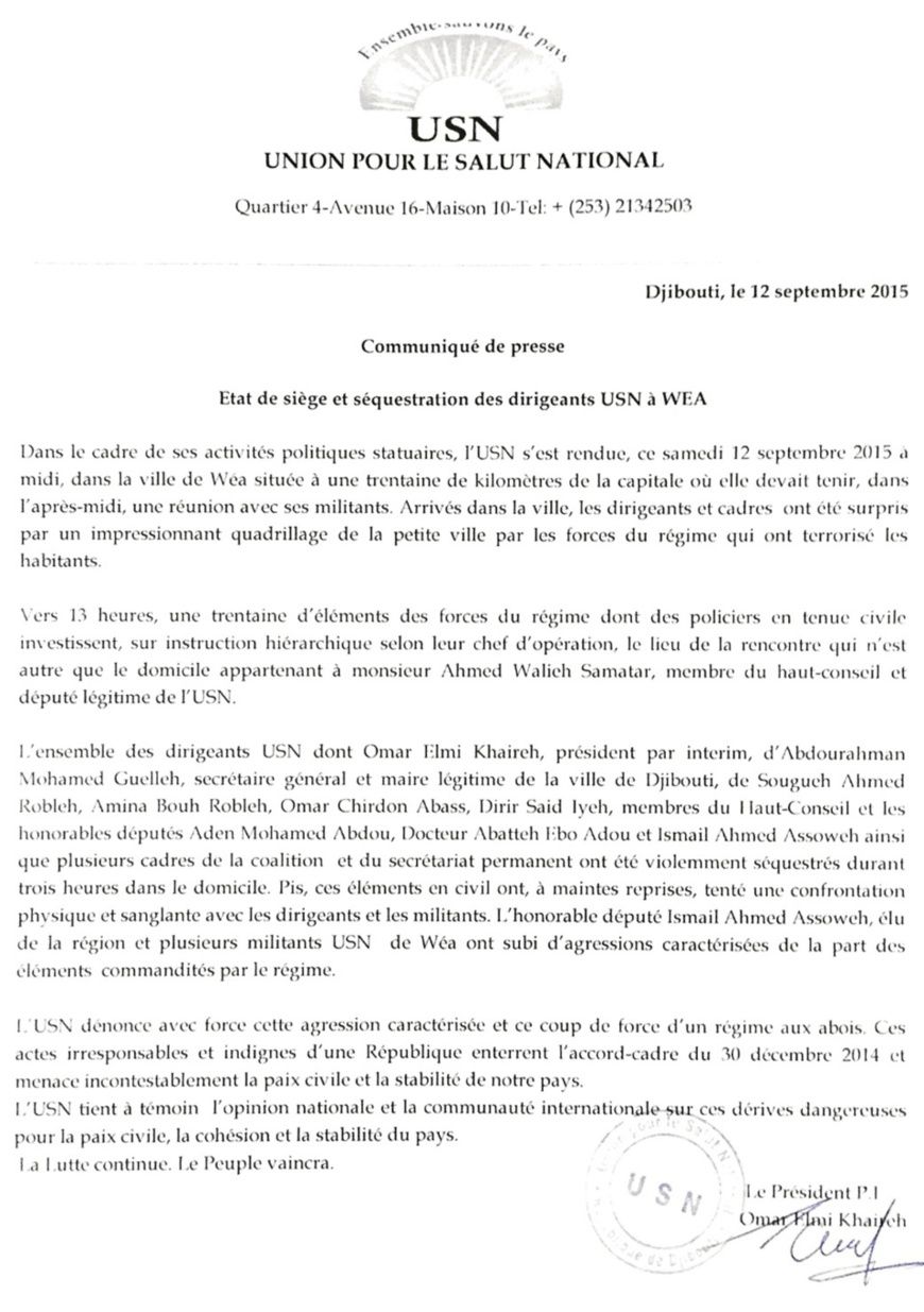 DJIBOUTI : Etat de siège et séquestration des dirigeants USN à Wéa