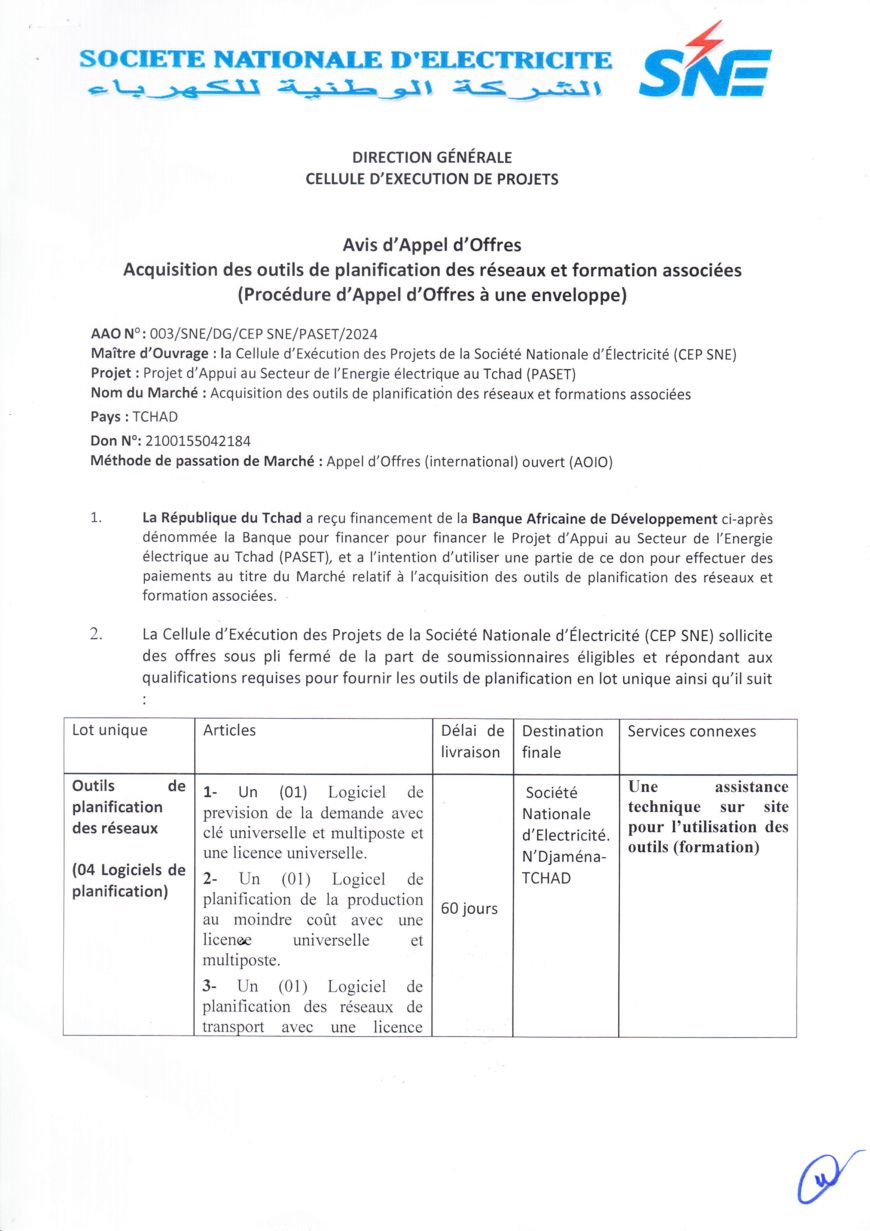 Tchad : AAIO portant sur l'Acquisition des outils de planification des réseaux et formation associées (Projet PASET)
