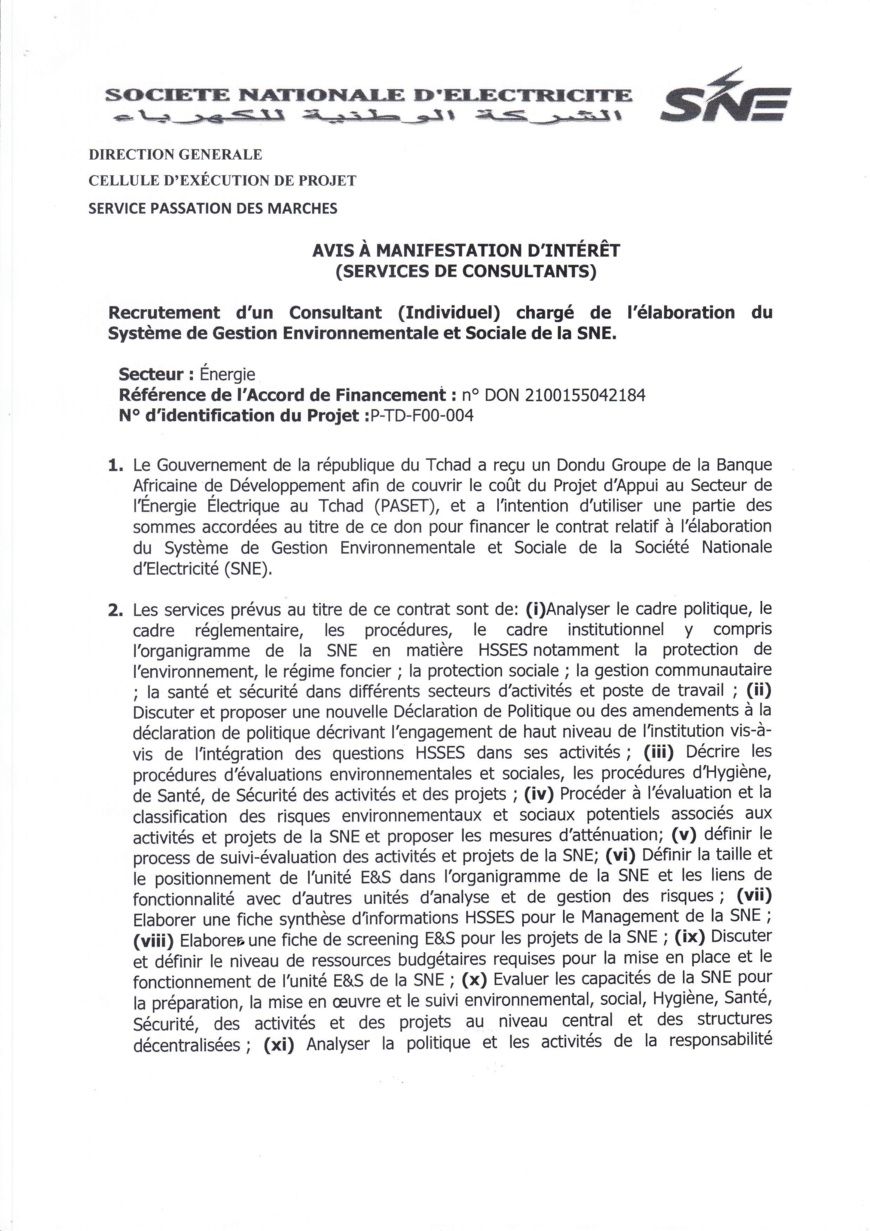 Tchad : Recrutement d'un Consultant chargé de l'élaboration du Système de Gestion Environnementale et Sociale de la SNE