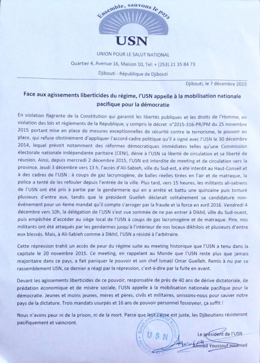 DJIBOUTI : L'opposition appelle à la mobilisation pour dénoncer les violations multiformes des droits humains