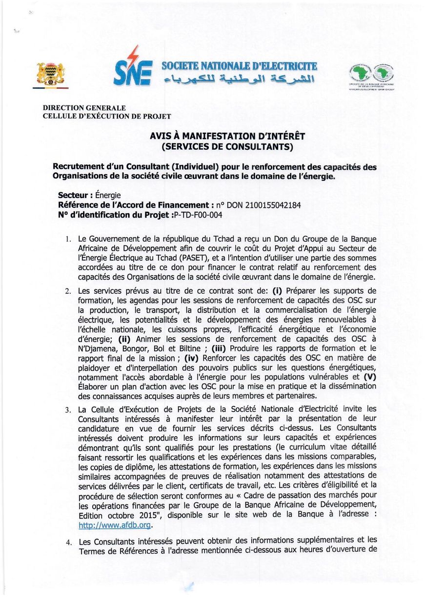 Tchad : Avis à Manifestation d'Intérêt pour le renforcement des capacités des OSC oeuvrant dans le domaine de l'énergie (CEP-SNE)