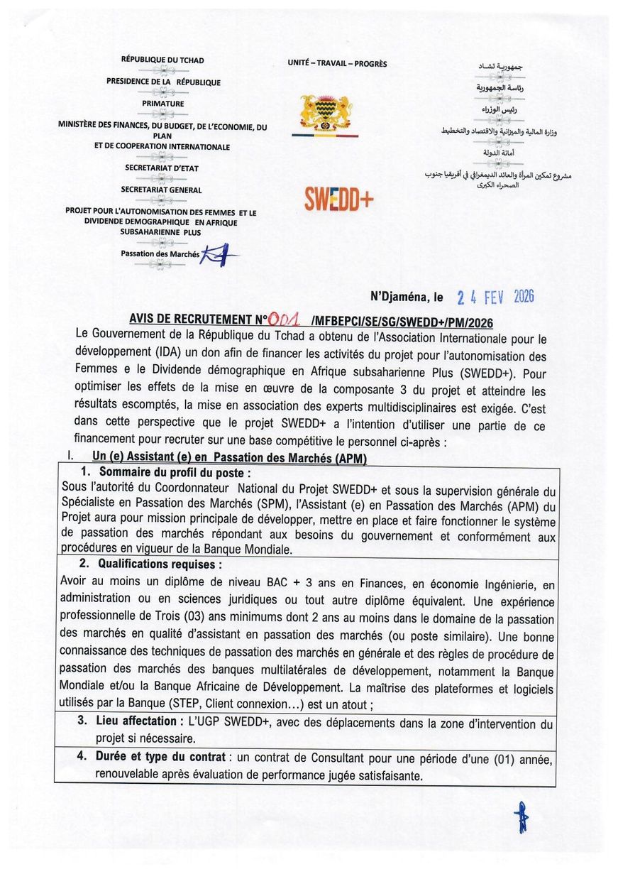 Tchad : le projet SWEDD+ recrute un(e) assistant(e) en marchés publics et un(e) assistant(e) de direction