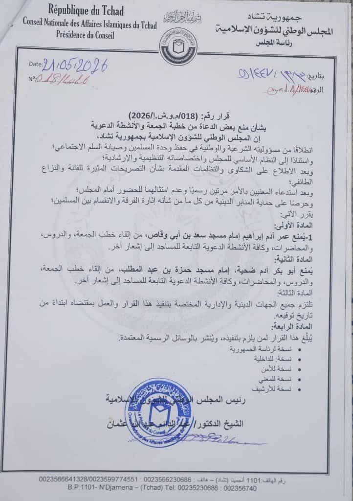 Tchad : deux imams interdits de prêche par le Conseil national des affaires islamiques