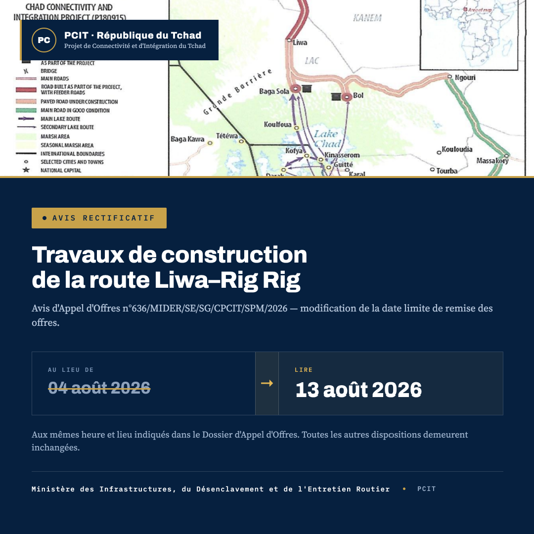 Projet PCIT : Avis rectificatif concernant l'Avis spécifique d'appel d'offres n°636