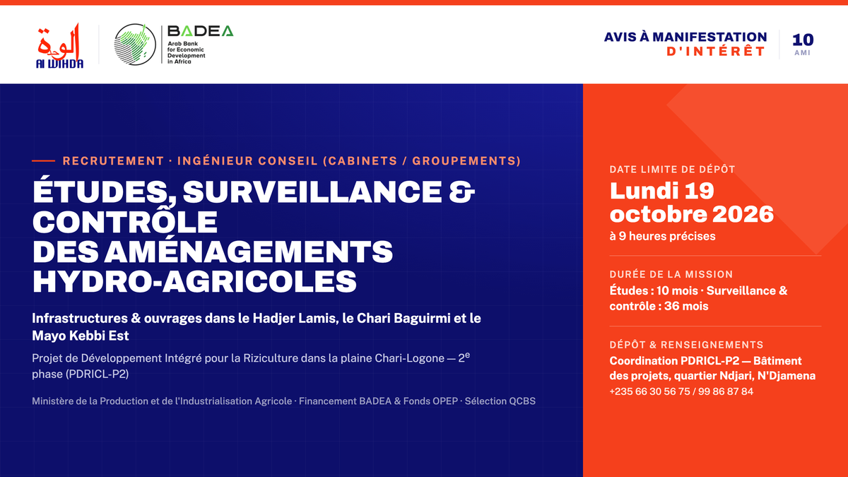 Tchad : le PDRICL-2 lance un appel à manifestation d’intérêt pour des études et le contrôle de travaux hydro-agricoles