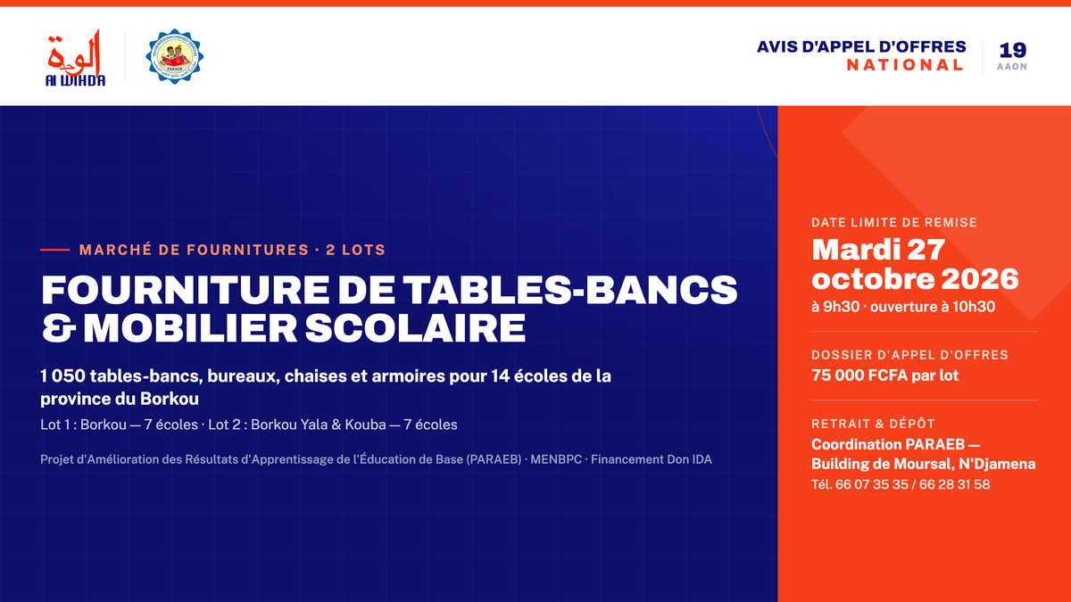 Tchad : le PARAEB lance un appel d’offres pour la fourniture de 1 050 tables-bancs et d’équipements scolaires dans le Borkou