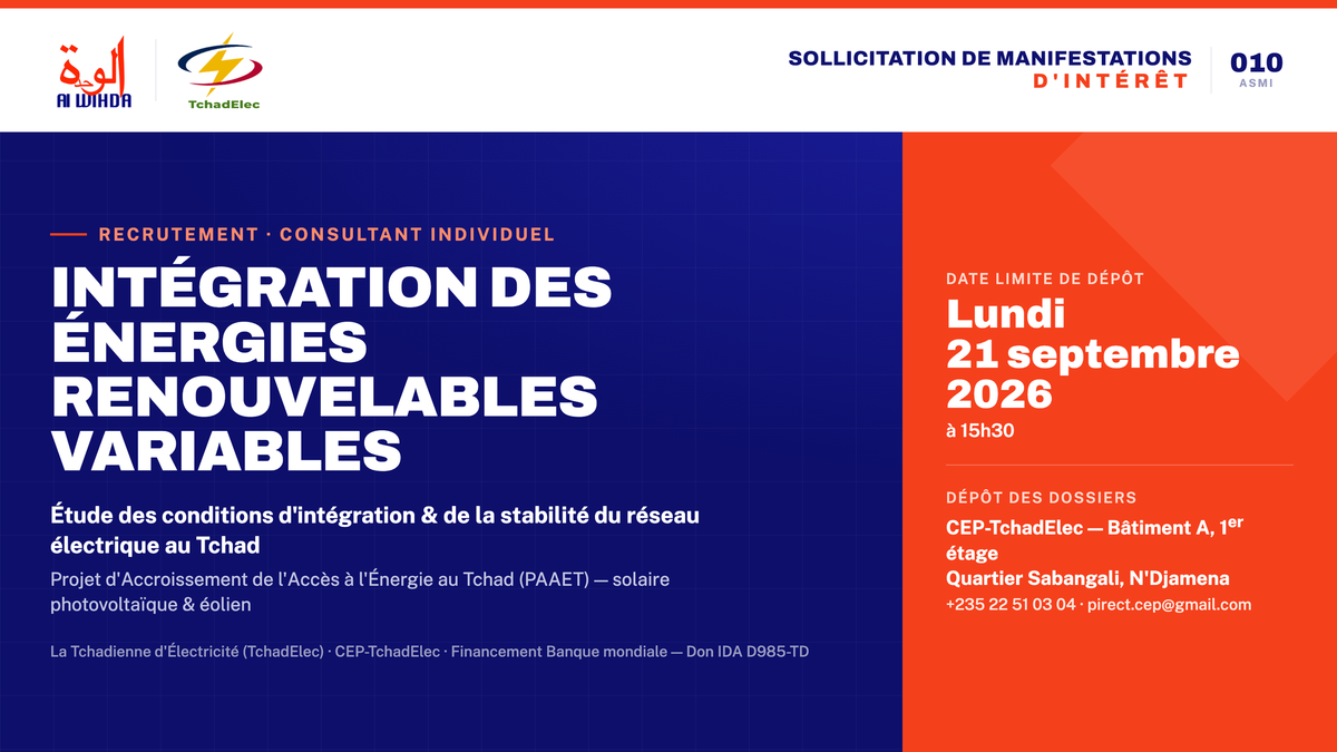 Tchad : TchadElec recrute un consultant pour étudier l’intégration des énergies renouvelables au réseau électrique national
