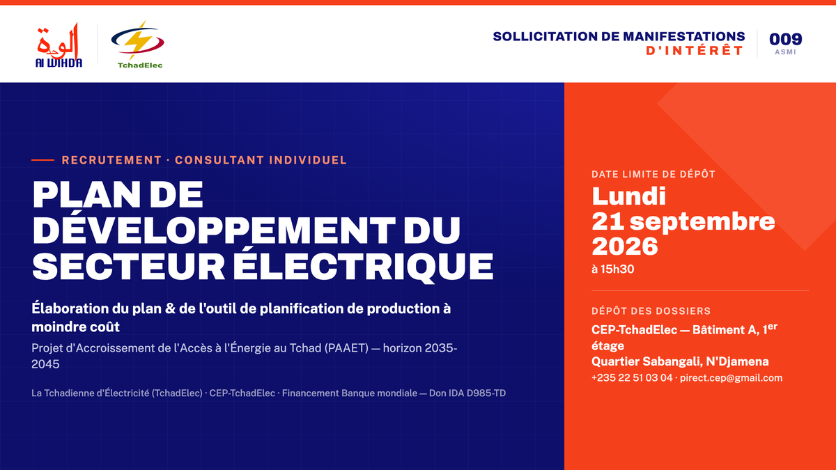 Tchad : TchadElec recrute un consultant pour élaborer le plan de développement du secteur électrique à l’horizon 2035-2045