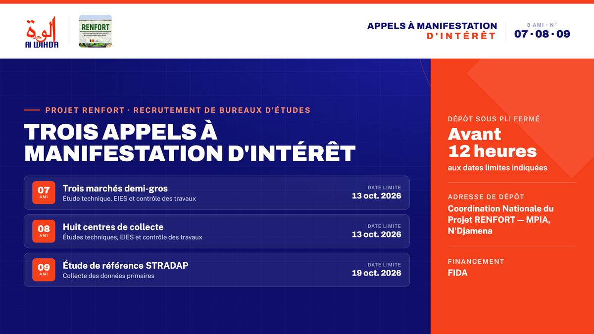 Tchad : le Projet RENFORT lance trois appels à manifestation d’intérêt pour des études, infrastructures et collecte de données