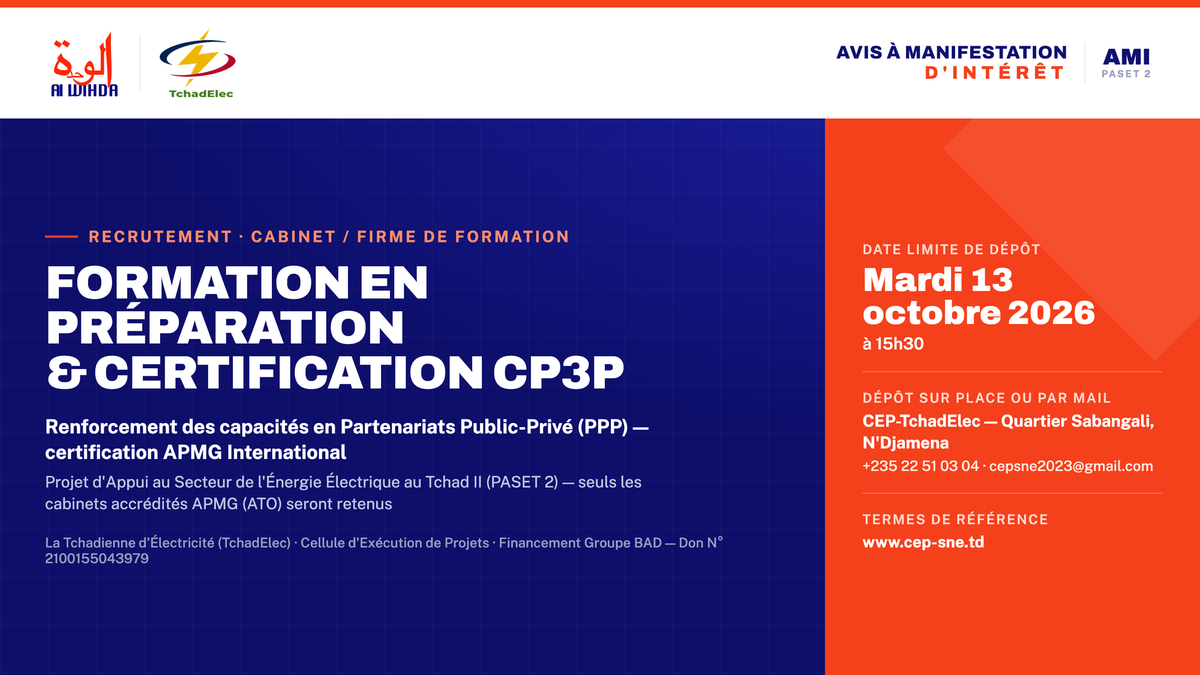 Tchad : TchadElec recrute un cabinet pour une formation et certification CP3P en partenariats public-privé