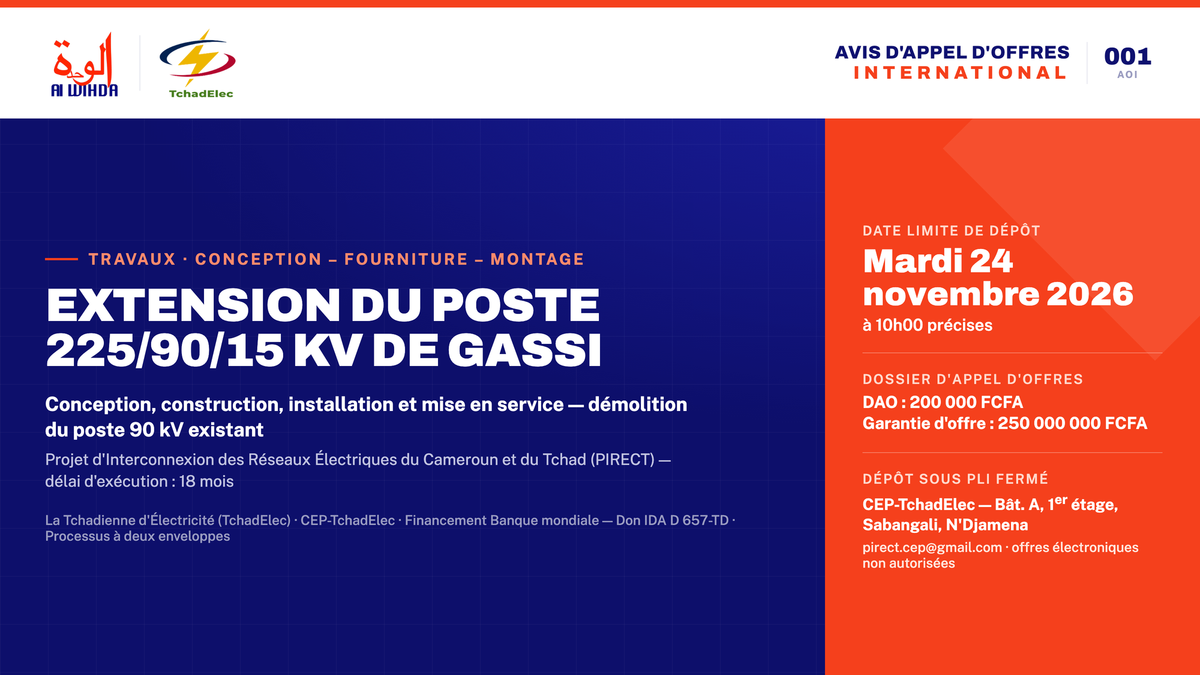 Tchad : TchadElec lance un appel d’offres international pour l’extension du poste électrique de Gassi