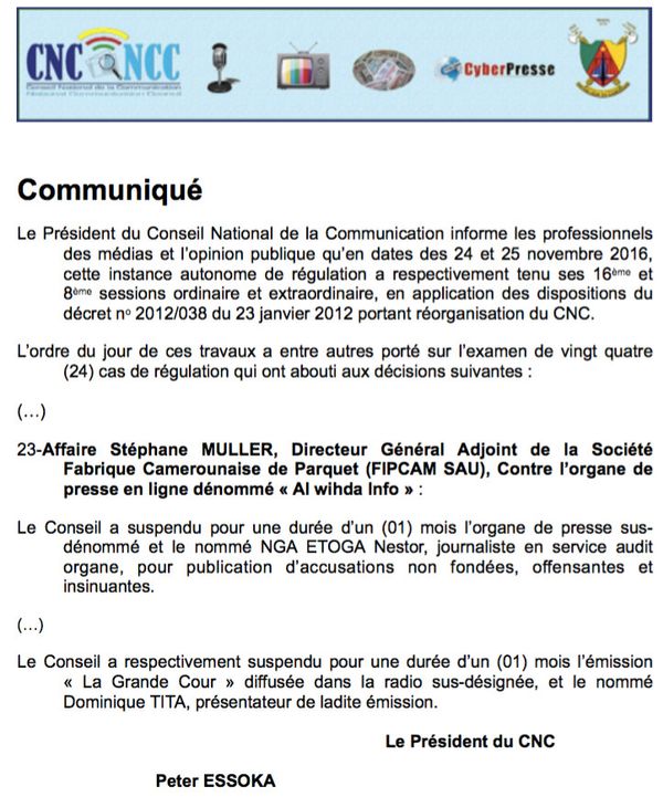 CAMEROUN - Sanctions en série contre la presse par le Conseil national de la communication