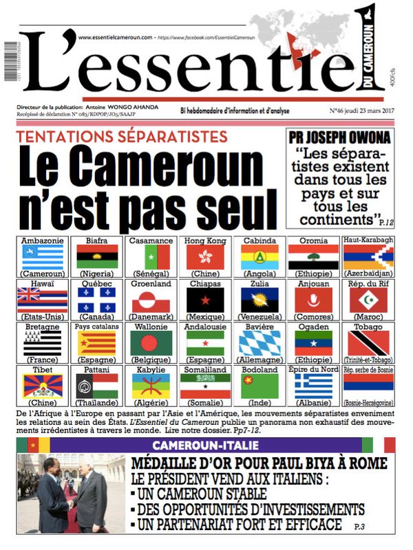 A la une de L'Essentiel du Cameroun : Tentatives séparatistes, le pays n'est pas seul