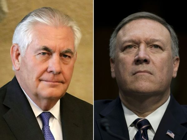 Montage photo réalisé le 13 mars 2018 montrant, à gauche, Rex Tillerson le 15 février 2018, et, à droite, Mike Pompeo le 12 j