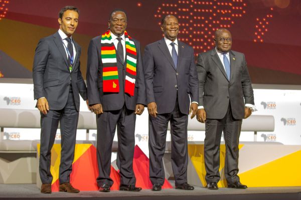 Ben Yahmed Amir, President du Africa CEO Forum, Emmerson Mnangagwa, President du Zimbabwe, Alassane Ouattara, President de Co