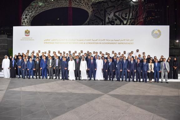 Group photo gather Sheikh Mohammed bin Rashid, Vice President and Prime Minister of the UAE and Ruler of Dubai, with the Uzbe