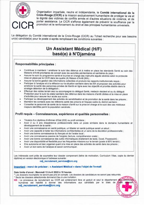 Tchad : La Délégation du CICR recrute un(e) Assistant(e) Médical(e) (H/F) basé(e) à N'Djamena (Date limite fixée au 13/04/2022)
