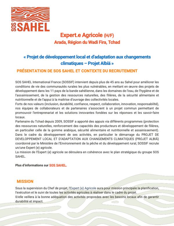 Tchad : SOS SAHEL International France (SOSSIF) recrute un(e) Expert(e) Agricole (H/F) à Arada