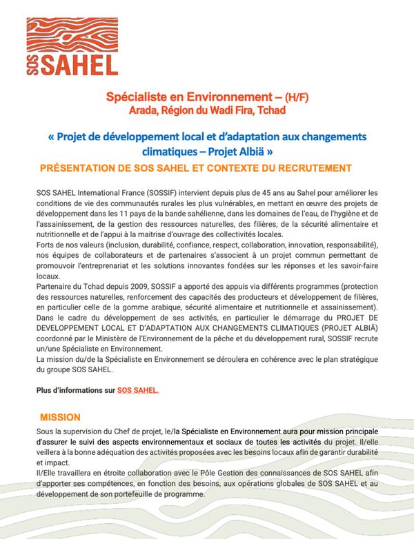Tchad : SOS SAHEL International France (SOSSIF) recrute un(e) Spécialiste en Environnement (H/F) à Arada