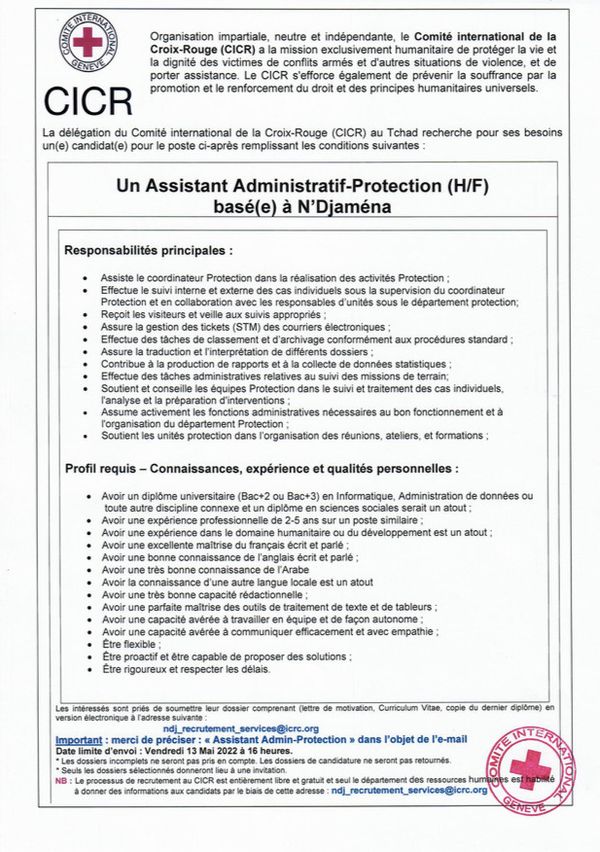 Tchad : la Délégation du CICR recrute un Assistant Administratif-Protection (H/F) basé(e) à N'Djamena