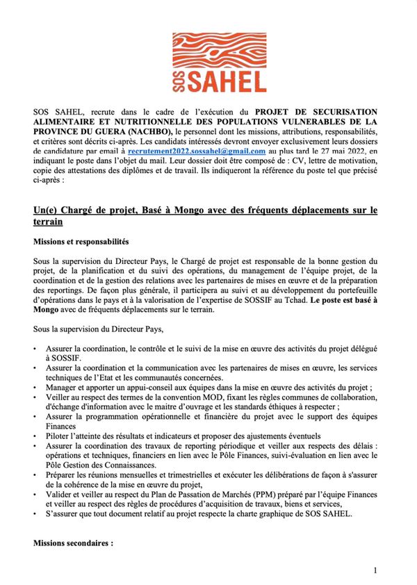 Tchad : SOS SAHEL lance quatre (04) offres de recrutements dans le cadre du Projet "NACHBO"