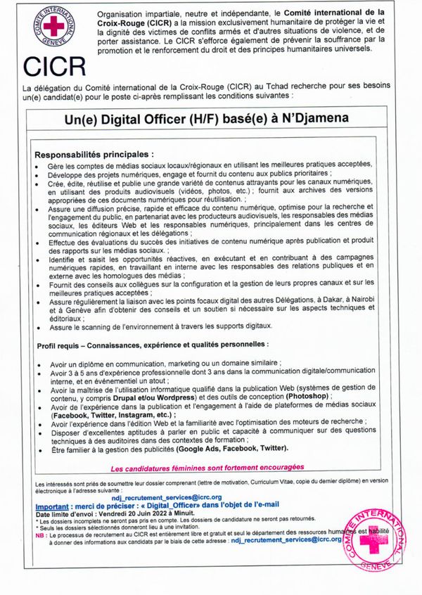 Tchad : La Délégation du CICR recrute Un(e) Digital Officer (H/F) basé(e) à N'Djamena