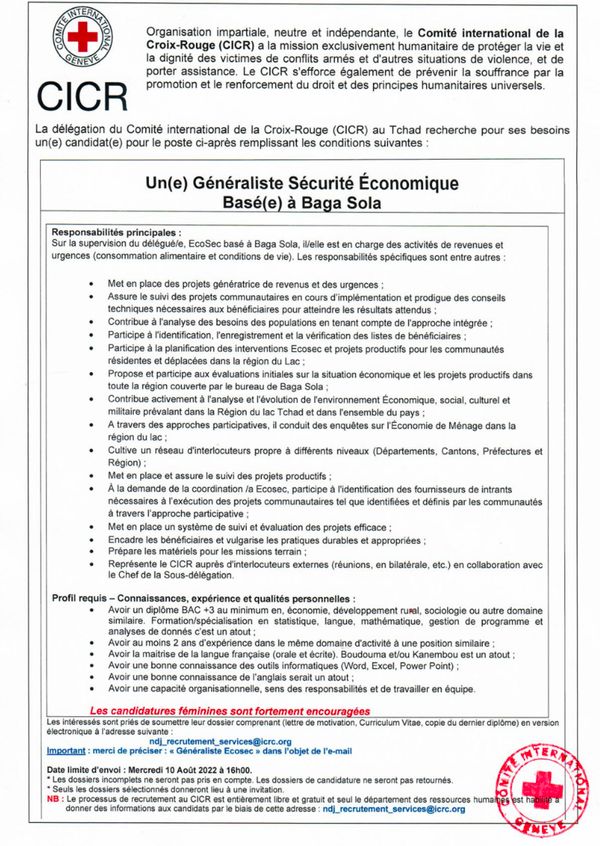 Tchad : La Délégation du CICR recrute un(e) Généraliste Sécurité Economique (H/F) basé(e) à Baga Sola