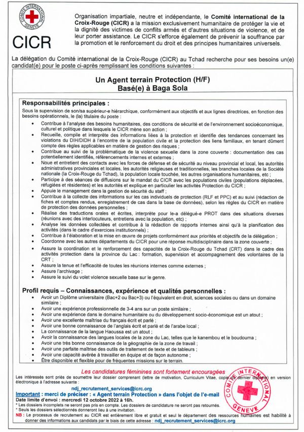 Tchad : La Délégation du CICR recrute un(e) Agent Terrain (H/F) basé(e) à Baga Sola