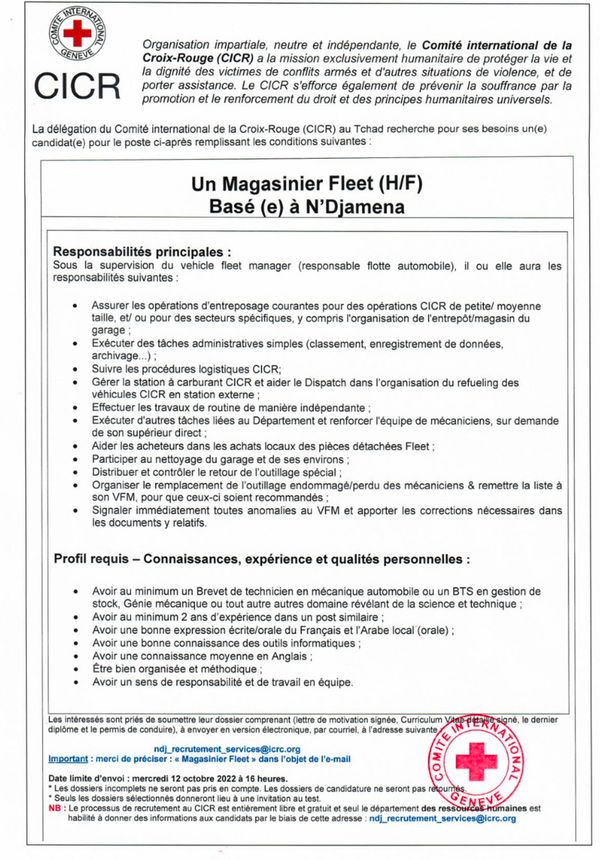 Tchad : La Délégation du CICR recrute un Magasinier Fleet (H/F) basé à N'Djamena
