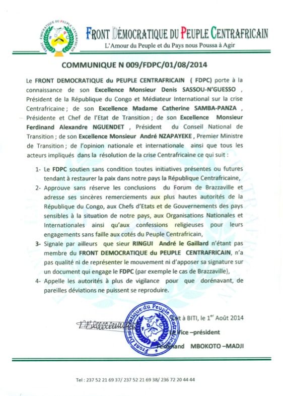RCA : Le FDPC approuve les conclusions du forum de Brazzaville