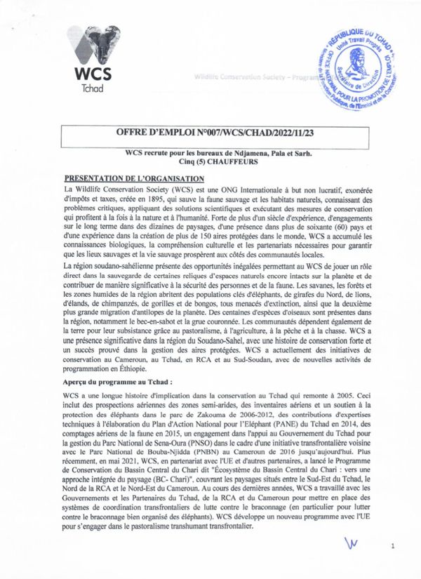 Tchad : Avis de recrutement de cinq (5) chauffeurs pour les bureaux de N’Djamena, Pala et Sarh.