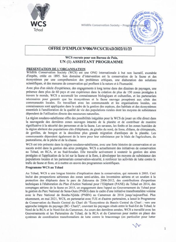 Tchad: Avis de recrutement d’un Assistant Programme au Bureau de WCS à Pala