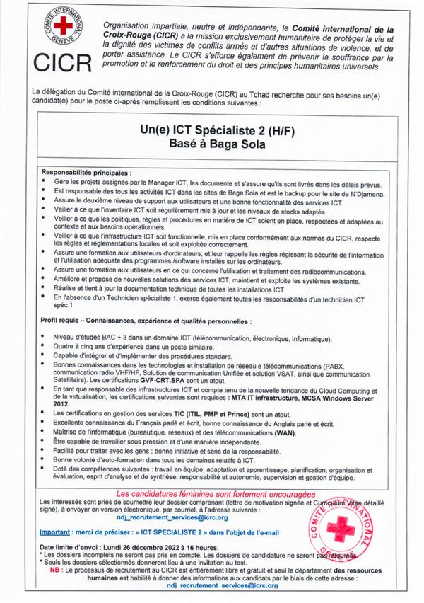 Tchad : La Délégation du CICR recrute un(e) "ICT Spécialiste 2" (H/F) basé(e) à Baga Sola