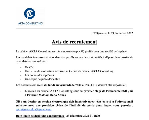 Tchad : Le cabinet AKTA CONSULTING recrute cinquante-sept (57) profils pour une société de la place