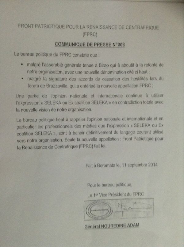 RCA : Nouredine Adam somme les médias de bannir l'expression "Séléka" ou "Ex-Séléka"