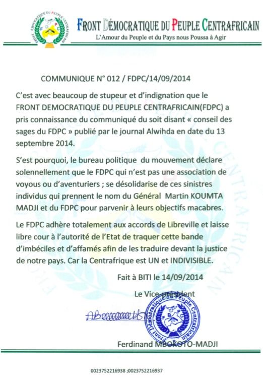 RCA : Le FDPC désavoue le "Conseil des sages" et veut traquer cette "bande"