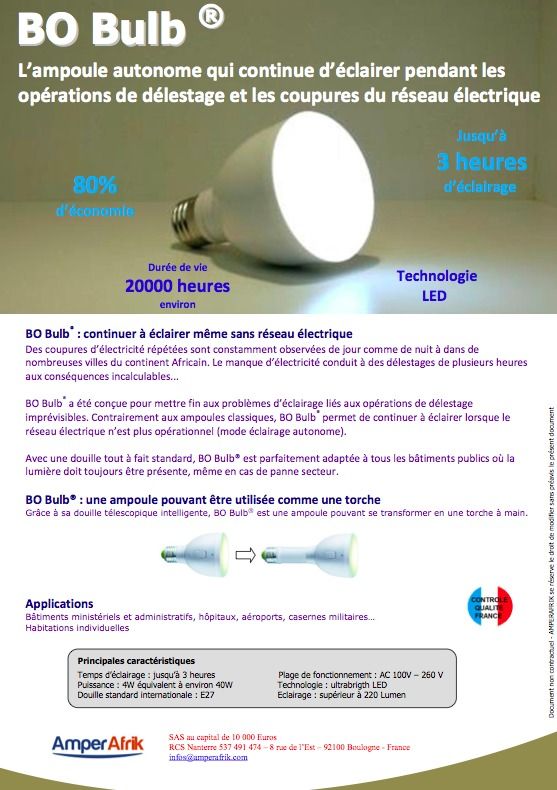 BO-Bulb®, une ampoule intelligente qui continue à éclairer pendant les opérations de délestage