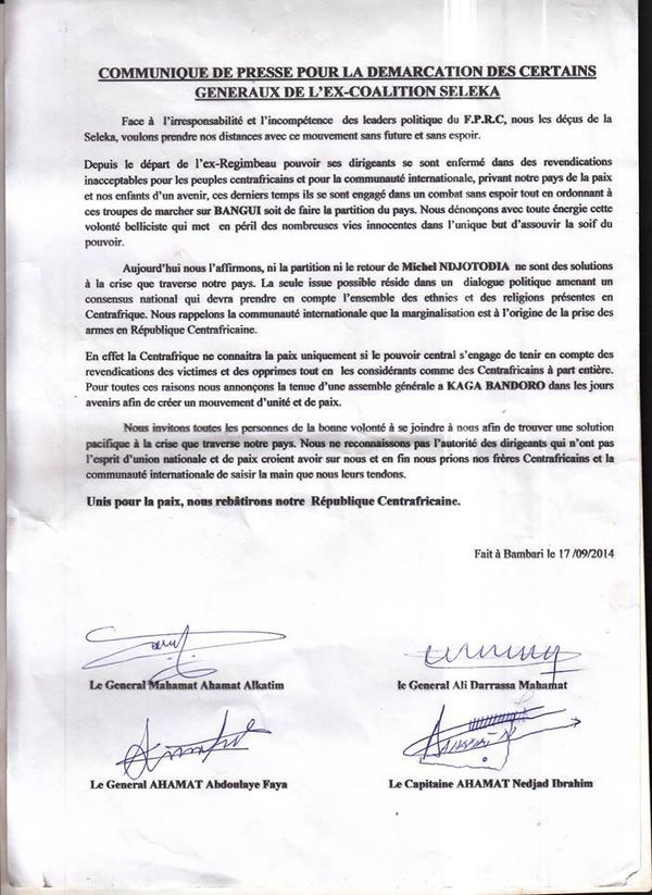 RCA : Trois généraux de l'ex-Séléka vont créer un mouvement dans les prochains jours