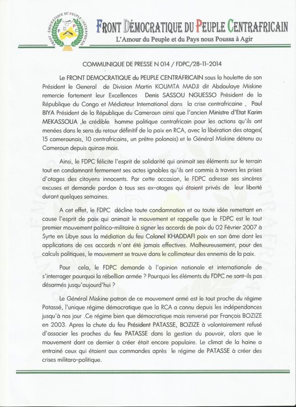 RCA : Première déclaration du chef du FDPC, Abdoulaye Miskine après sa libération