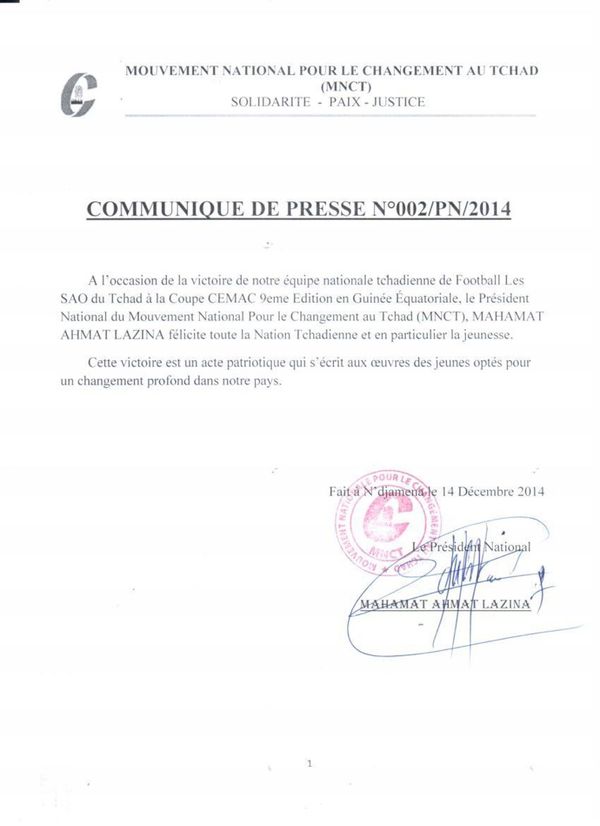 Tchad : Le MNCT félicite les SAO pour leur victoire