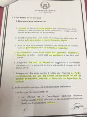 Djibouti: Détails de l'Accord-cadre secret entre le gouvernement et l'opposition.