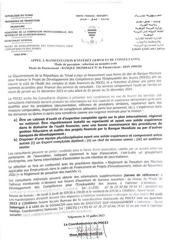 Tchad : Avis à Manifestation d'Intérêt pour l'audit des comptes du projet PDCEJ