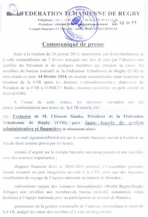 Tchad : Le Président de la Fédération de Rugby exclu pour faute grave