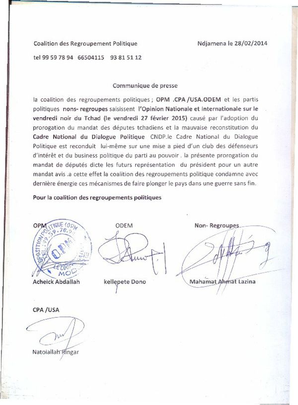 Tchad : La coalition des regroupements politiques condamne le "vendredi noir"