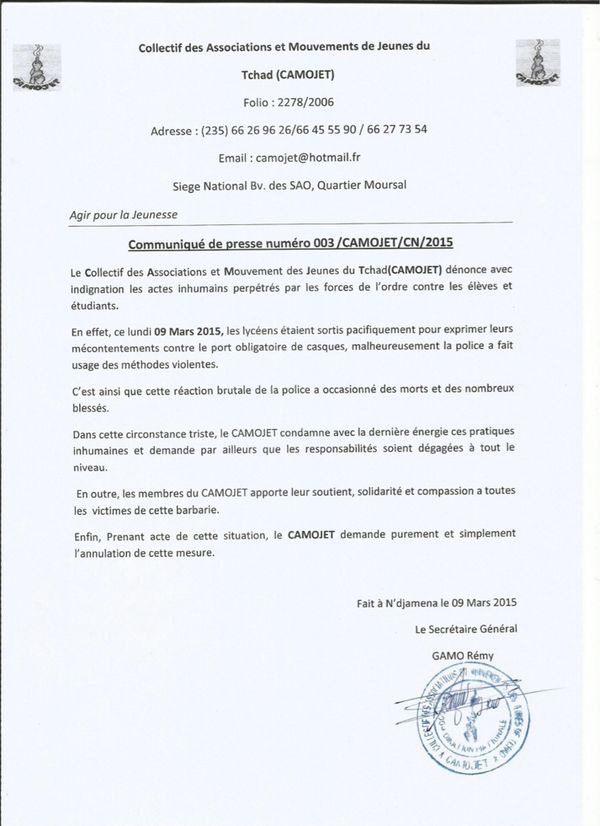 Tchad : Le CAMOJET dénonce les violences policières