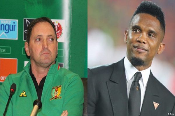 Antonio Da Conceiçao (à gauche) et le président de la FECAFOOT Samuel Eto’o (à droite).