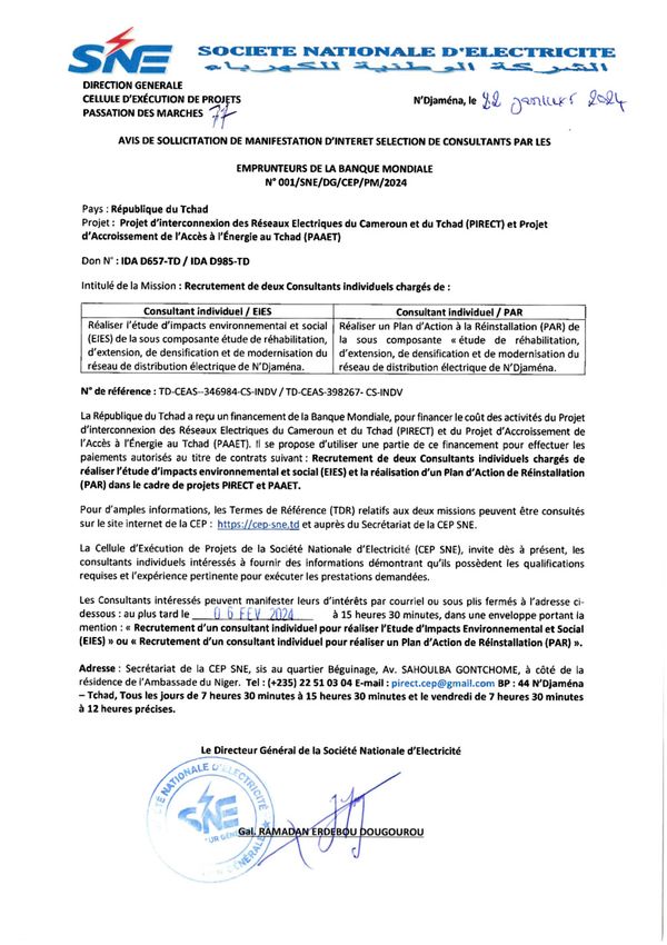 Tchad : Avis de Sollicitation de Manifestation d'Intérêt (Recrutement de Consultants) par la CEP SNE
