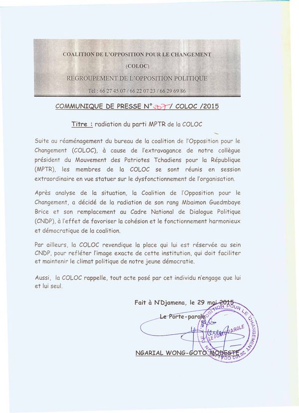 Tchad : Radiation du parti MPTR de la COLOC